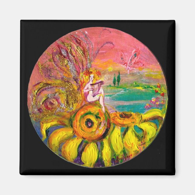 FAIRY OF THE SUNFLOWERS yellow pink black Magnet (Front)