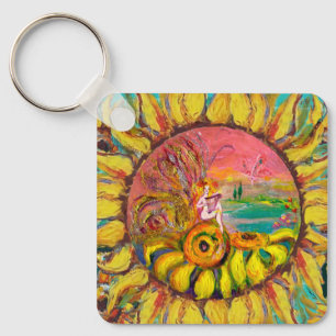 FAIRY OF THE SUNFLOWERS Yellow Pink Blue Fantasy Key Ring