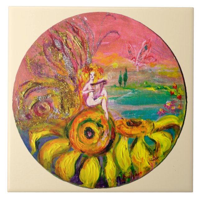 FAIRY OF THE SUNFLOWERS yellow pink ivory Tile (Front)