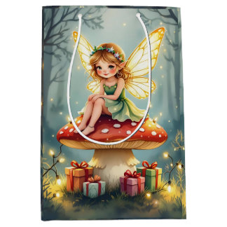 Fairy on a Mushroom in Enchanted Forest Christmas Medium Gift Bag