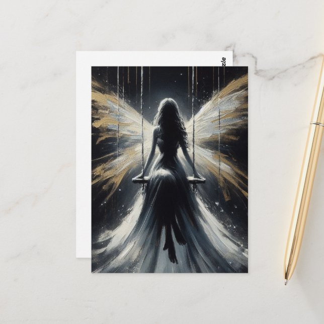 Fairy on a Swing at Night in White Dress Postcard (Front/Back In Situ)
