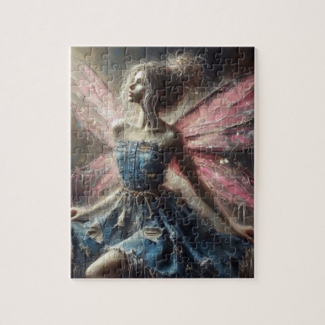 Fairy Patchwork Denim Dress Pink Wings Jigsaw Puzzle (Vertical)