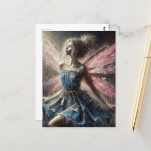 Fairy Patchwork Denim Dress Pink Wings Postcard