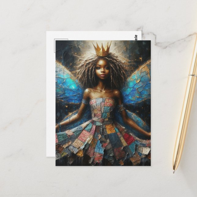 Fairy Patchwork Dress Blue Wings and a Gold Crown Postcard (Front/Back In Situ)