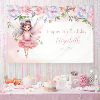 Fairy pink forest Happy Birthday backdrop banner