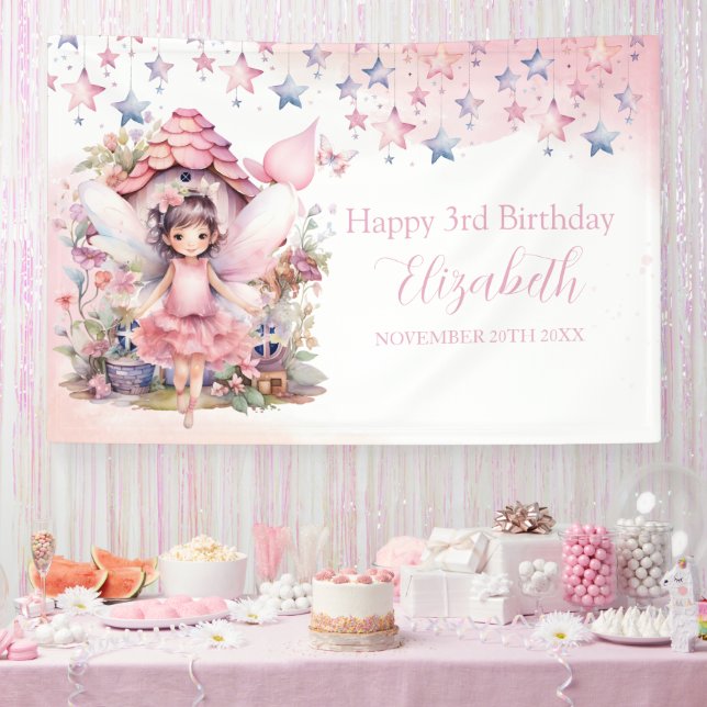 Fairy pink forest Happy Birthday  backdrop banner (Party)