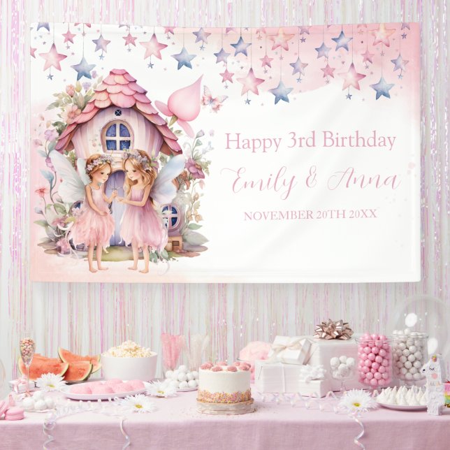 Fairy pink forest Happy Birthday  backdrop banner (Party)