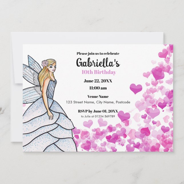 Fairy Princess Bride Dress Fashion Pink Hearts Invitation (Front)