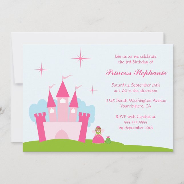 Fairy princess castle birthday party invitation (Front)