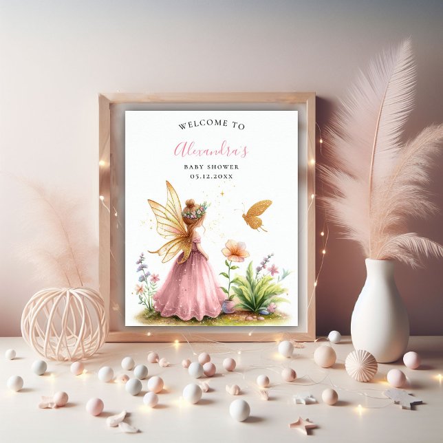 Fairy Princess Enchanted Pink Baby Girl Shower Poster (fairy princess girl baby shower welcome poster pink watercolor twinkle lights enchanted garden)