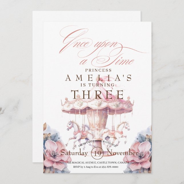 Fairy Princess Flower Pink Birthday Party 3rd Invitation (Front/Back)