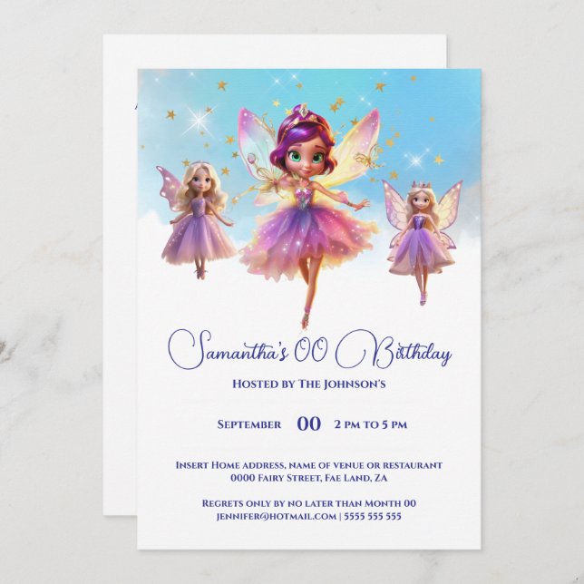 Fairy princess girls birthday party  invitation (Front/Back)