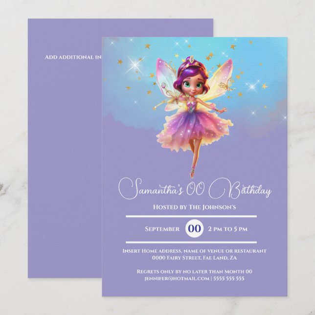 Fairy princess girls purple pink birthday party  invitation (Front/Back)