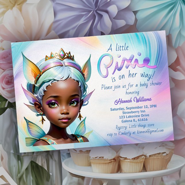 Fairy Princess Magical Pixie African Baby Shower Invitation (African American baby shower invitation with fairy princess and sweet rainbow pastel candy colors)