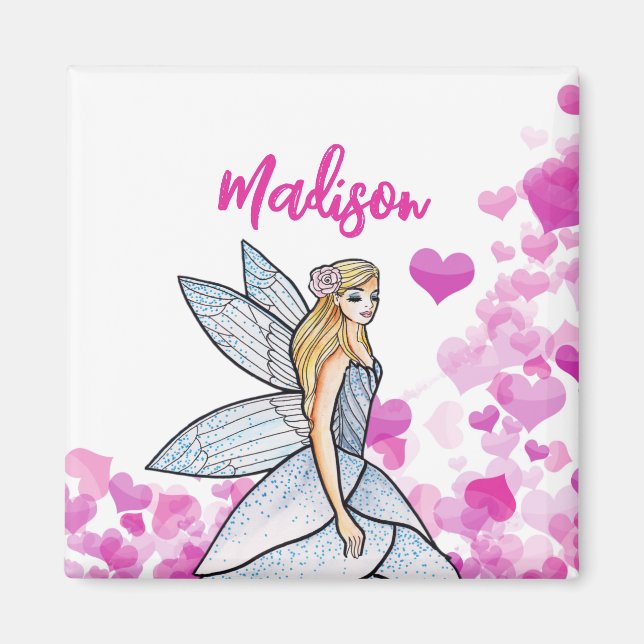 Fairy Princess Pink Hearts Fashion Illustration Magnet (Front)