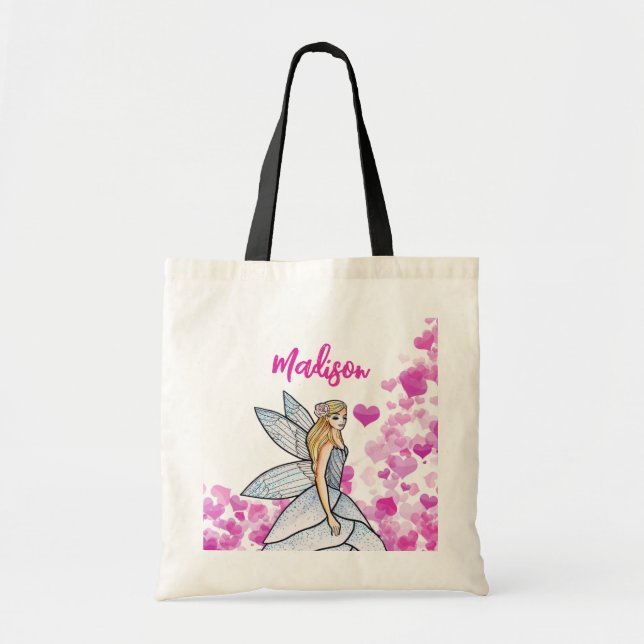 Fairy Princess Pink Hearts Fashion Illustration Tote Bag (Front)