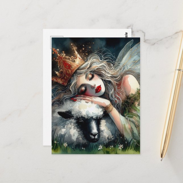 Fairy Queen Asleep on Her Pet Sheep Postcard (Front/Back In Situ)