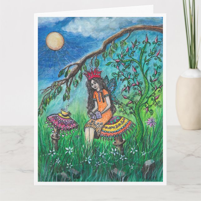Fairy reader sitting on toadstool art card (Front)
