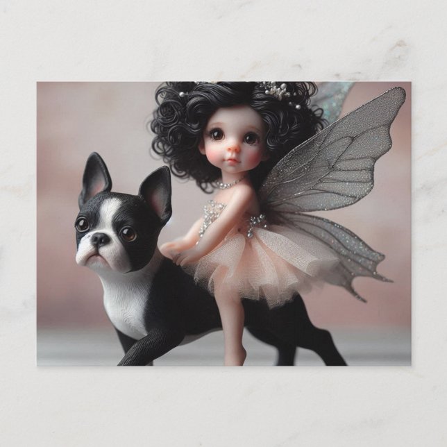 Fairy Riding a Boston Terrier Fantasy Postcard (Front)