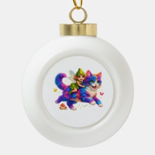 Fairy Riding Colorful Cat T-Shirt – Cute FaT-shirt Ceramic Ball Christmas Ornament