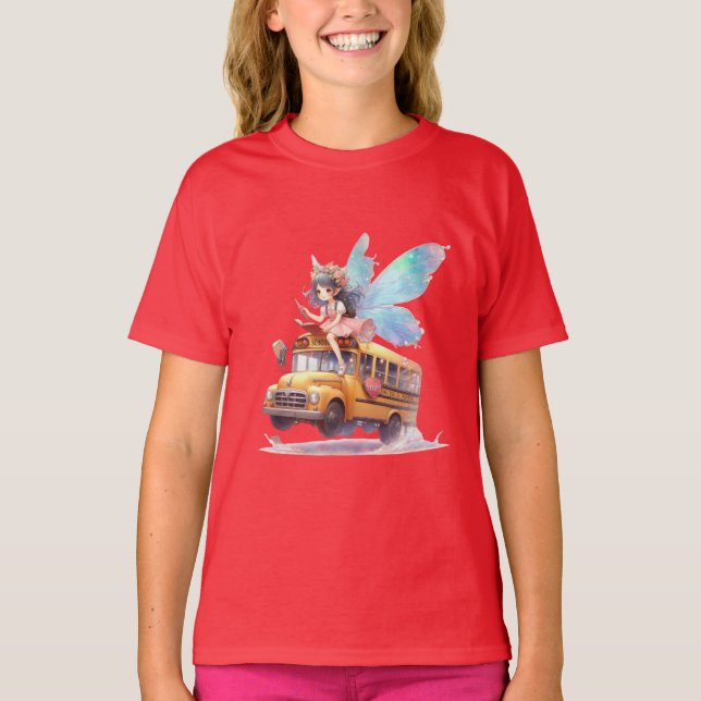 Fairy Riding School Bus Girl's T-Shirt (Front)