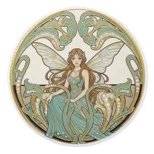 Fairy Sage Green & Gold Art Deco Nouveau Ceramic Knob