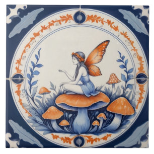 Fairy sitting on a mushroom blue & orange tile