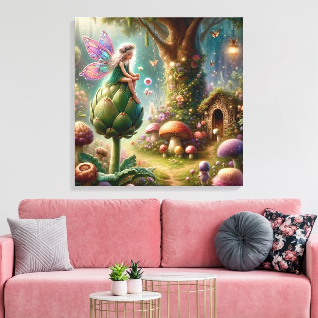 Fairy sitting on an Artichoke Magical Illutration Canvas Print (Insitu(LivingRoom))