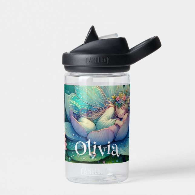 Fairy Sleeping on a Flower Fairytale Personalised Water Bottle (Left)