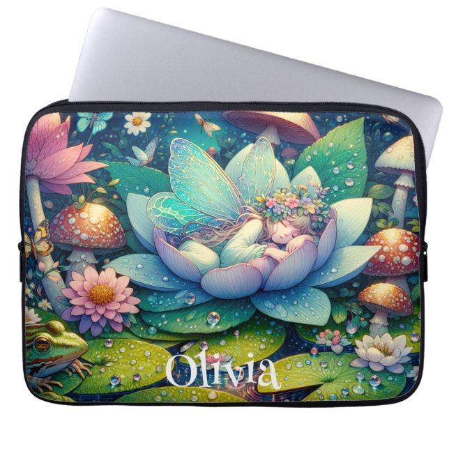 Fairy Sleeping on a Flower Personalised Laptop Sleeve (Front)