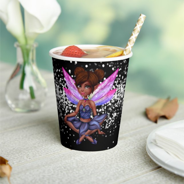 Fairy string lights african american girl black paper cups (Insitu)