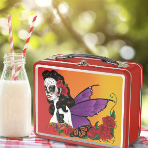 Fairy Sugar Skull Purple Wings Roses Sunset Metal Lunch Box