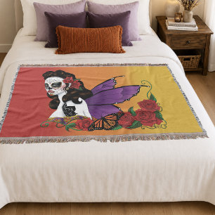 Fairy Sugar Skull Purple Wings Roses Sunset Throw Blanket