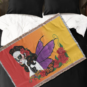Fairy Sugar Skull Purple Wings Roses Sunset Throw Blanket
