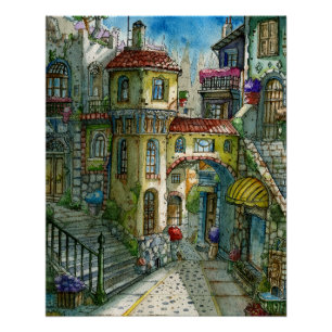 Fairy Tale Alley in Watercolor Poster