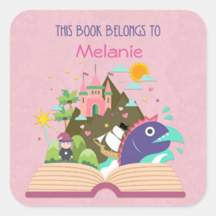 Fairy Tale Bookplate, Pink Square Sticker