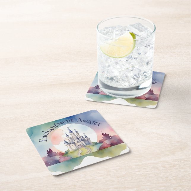 Fairy Tale Castle Party Square Paper Coaster (Insitu)