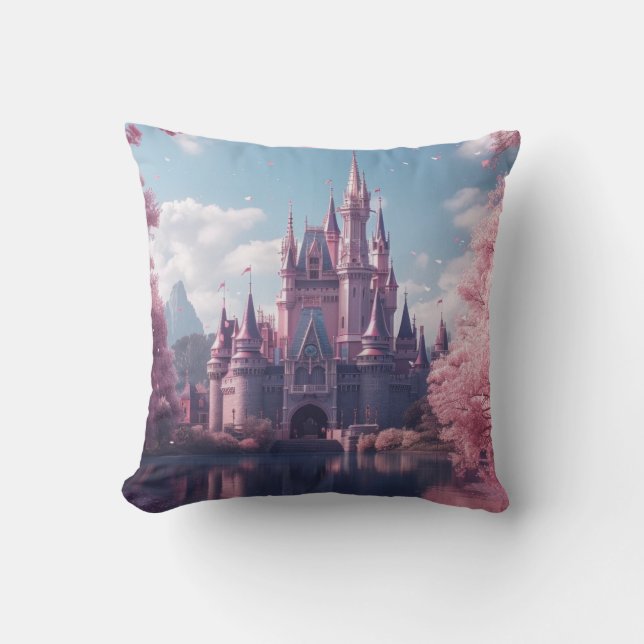 Fairy Tale Castle Pillow with Pink Cherry Blossoms (Front)