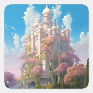 Fairy Tale Castle Pink White Gold Fantasy Art Square Sticker