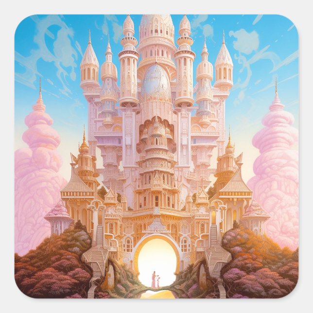 Fairy Tale Castle Pink White Gold Fantasy Art Square Sticker (Front)
