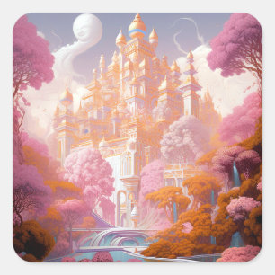 Fairy Tale Castle Pink White Gold Fantasy Art Square Sticker
