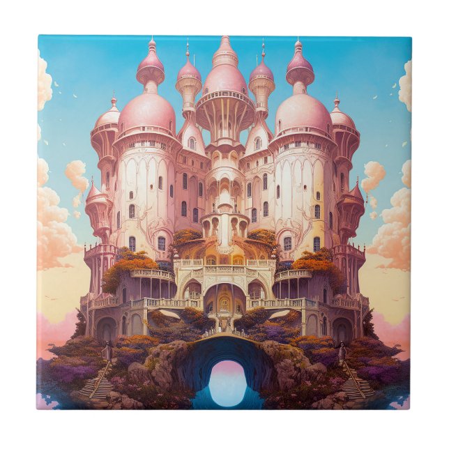 Fairy Tale Castle Pink White Gold Fantasy Art Tile (Front)