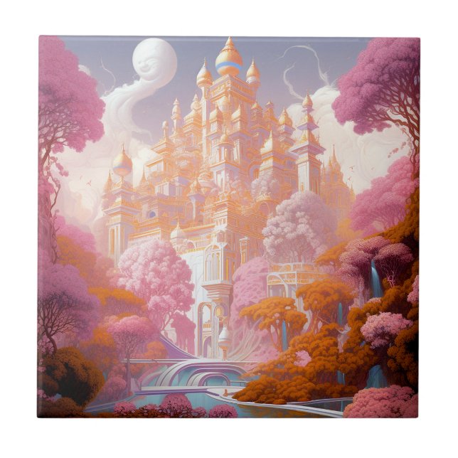 Fairy Tale Castle Pink White Gold Fantasy Art Tile (Front)