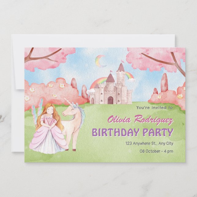 Fairy tale castle princess unicorn birthday invitation (Front)