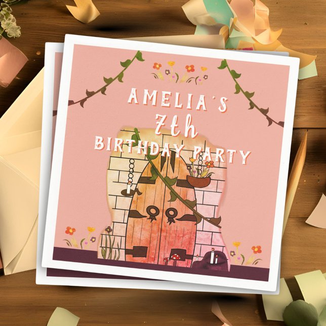 Fairy Tale Door Flower Drawing Girl Birthday Party Napkin (Creator Uploaded)