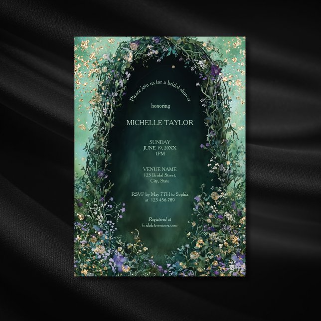 Fairy Tale Enchanted Forest Elegant Floral Bridal Invitation (emerald green and purple enchanted garden wood with meadow flowers bridal shower invitation)