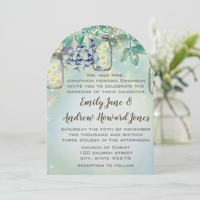 Fairy Tale Forest Blue Green Mason Jar Wedding Invitation (Standing Front)