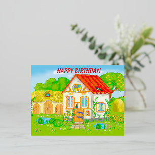 Fairy-tale house with a red roof garden foil holiday postcard