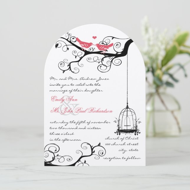 Fairy Tale Love Bird Pink Yarrow Wedding Invite (Standing Front)