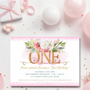 Fairy Tale Magical Floral Pink 1st Birthday Party Invitation